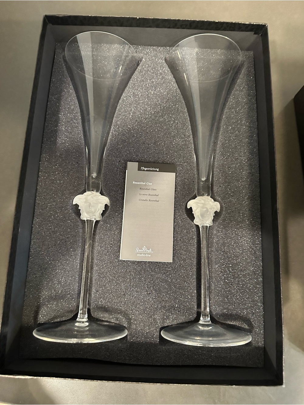 Versace Rosenthal Medusa Lumiere Clear Champagne Flutes / Set of 2